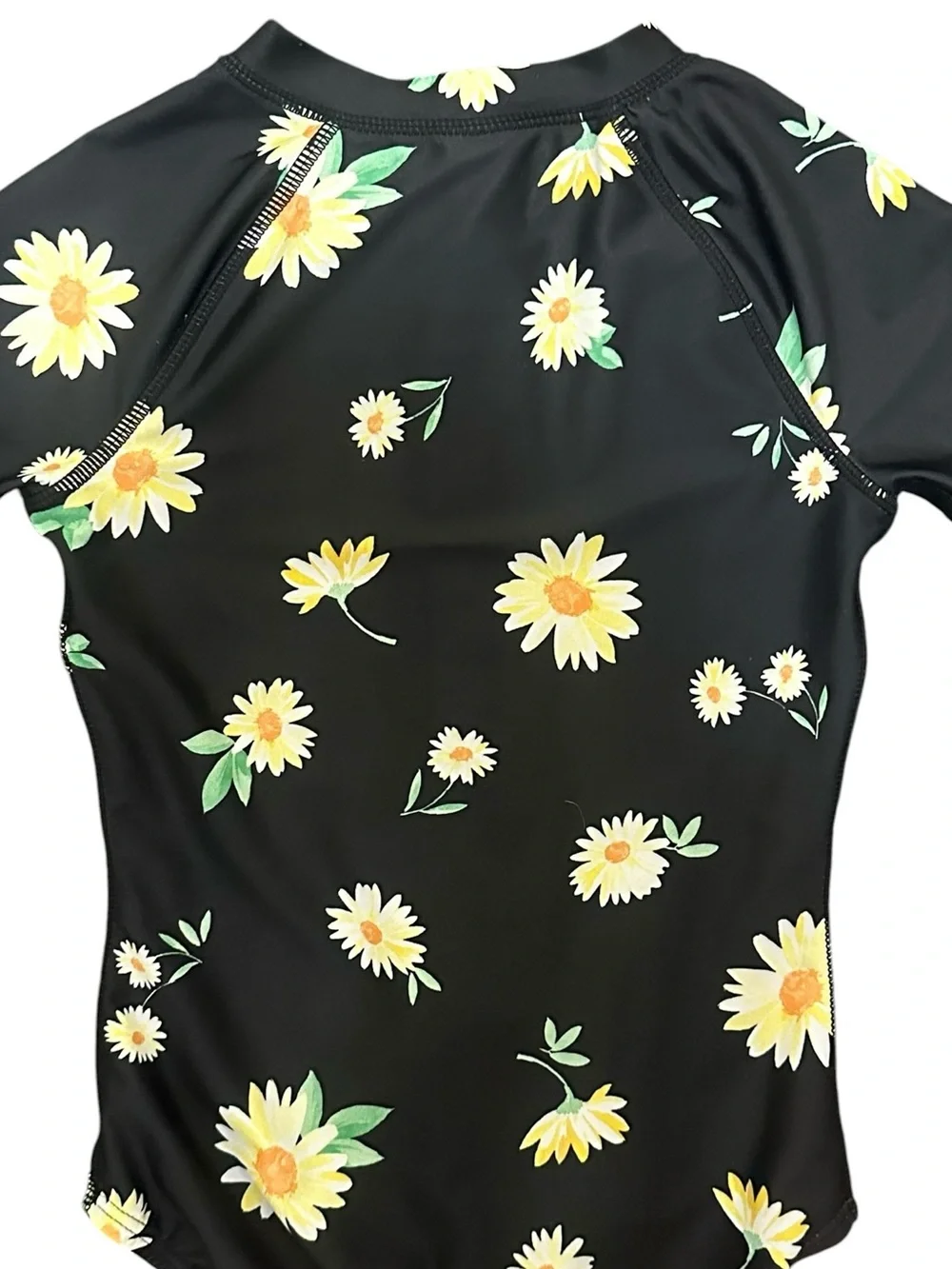 Old Navy Black Daisy Print Long Sleeve Rashguard One-Piece Swimsuit - Size 6-7